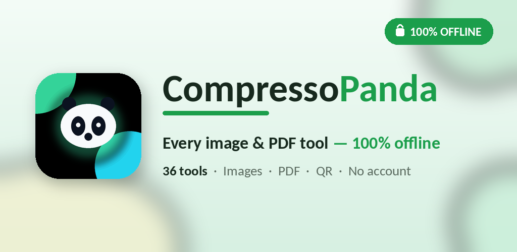 Feature graphic CompressoPanda 1024×500 — 36 tools, 100% offline