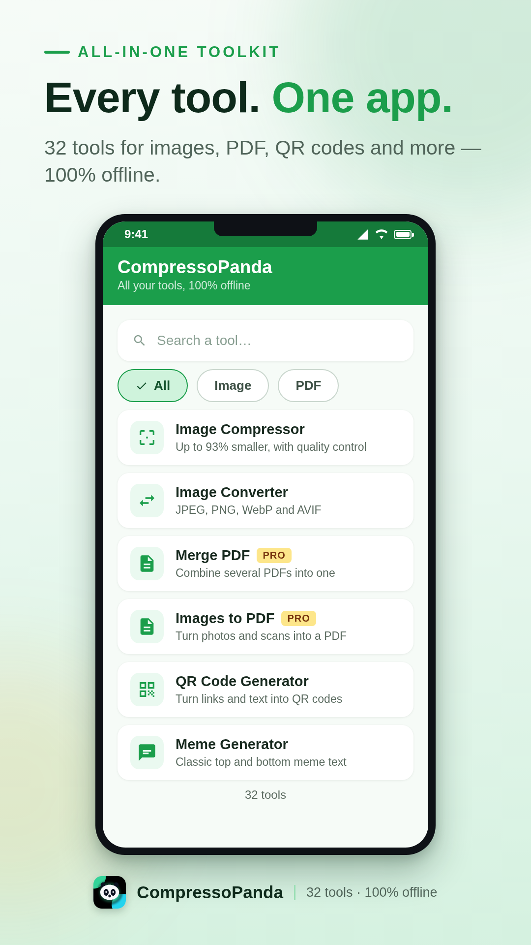 CompressoPanda app — home screen with the 36 tools
